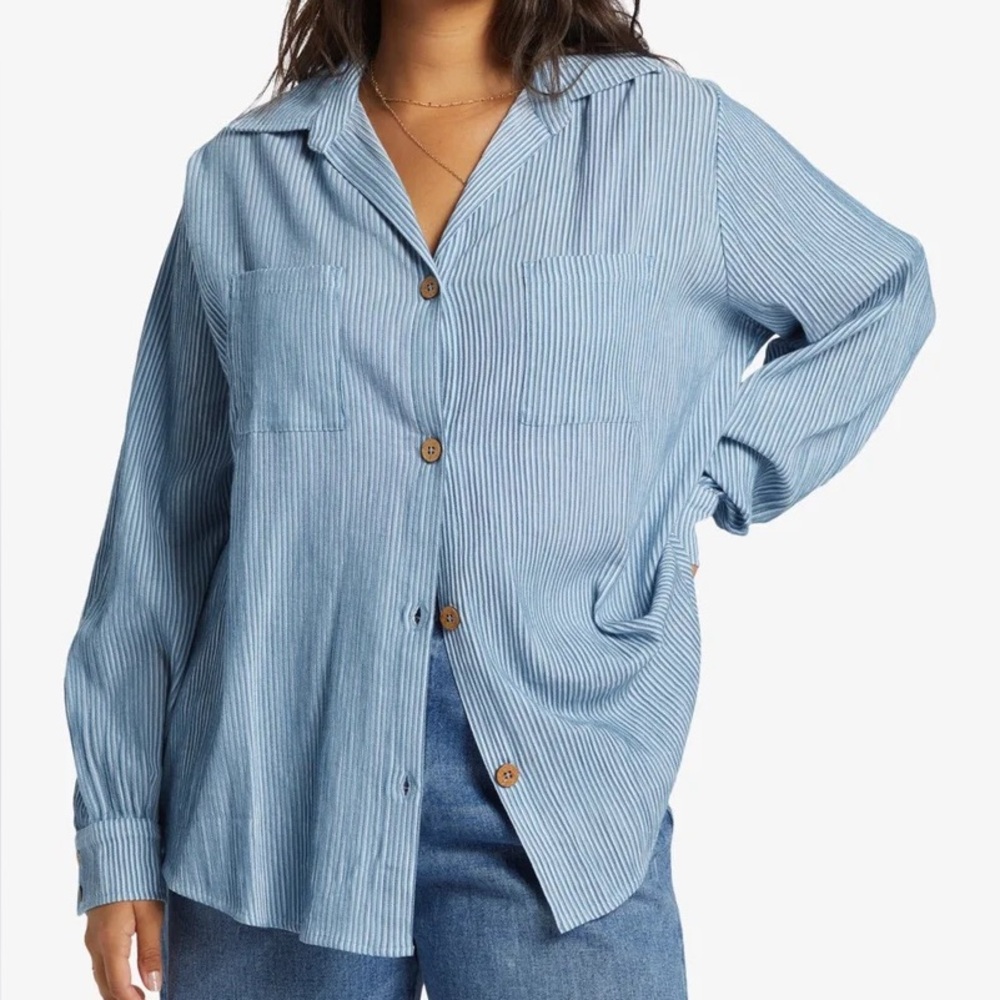 Billabong Swell Blouse Blue Striped Button Down Shirt - Women’s Size Large